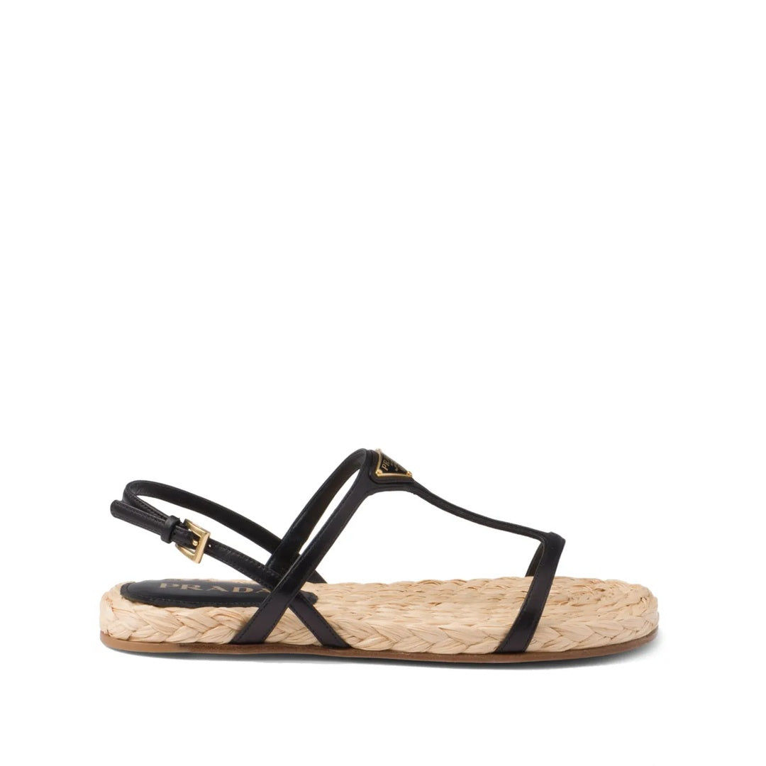 PRADA NAPPA METAL TRIANGLE LOGO FLAT SLIDE SANDALS TRAVERTINO BLACK