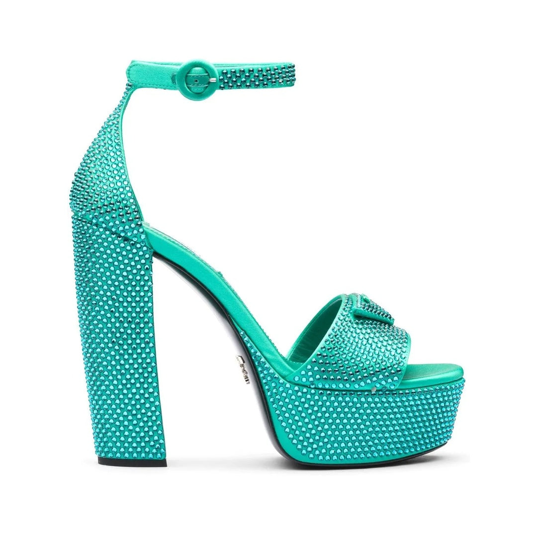 PRADA SATIN CRYSTAL TRIANGLE LOGO PLATFORM SANDALS CRISTAL TURQUOISE