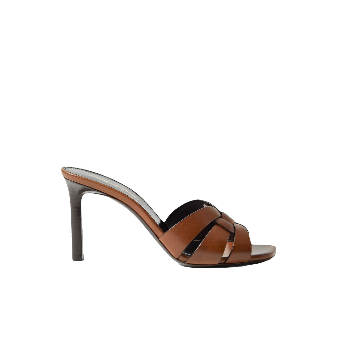 SAINT LAURENT LEATHER TRIBUTE HEELED MULES BLACK