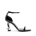SAINT LAURENT OPYUM SCULPTURAL LOGO-HEEL SATIN SANDALS FUCHSIA