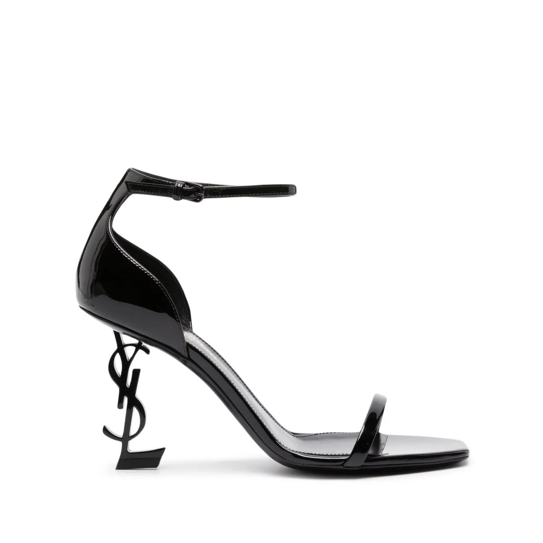 SAINT LAURENT OPYUM SCULPTURAL LOGO-HEEL SATIN SANDALS FUCHSIA