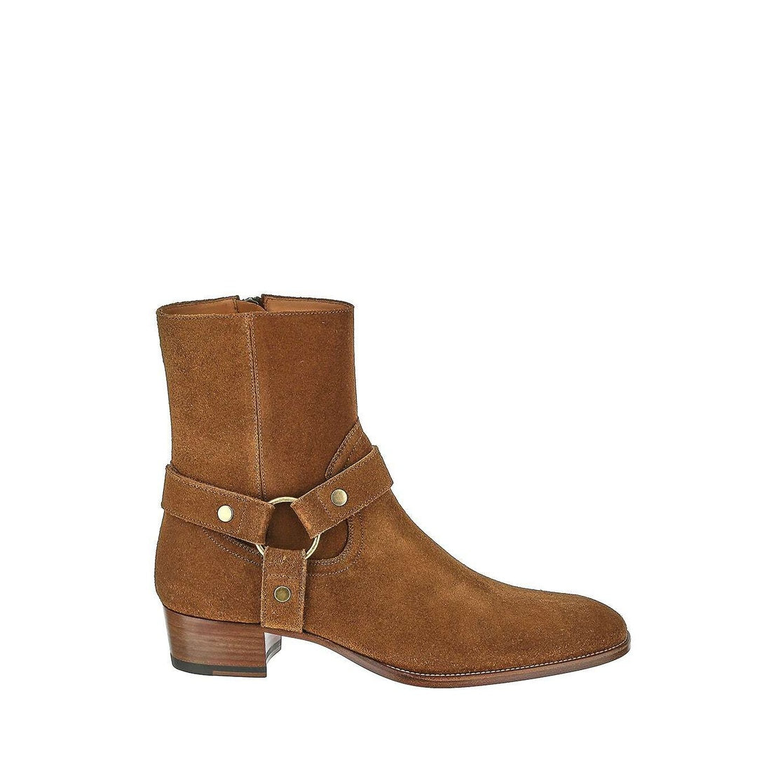 SAINT LAURENT WYATT HARNESS BOOTS DARK CHOCOLATE TAN