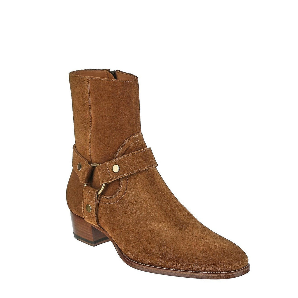 SAINT LAURENT WYATT HARNESS BOOTS DARK CHOCOLATE TAN