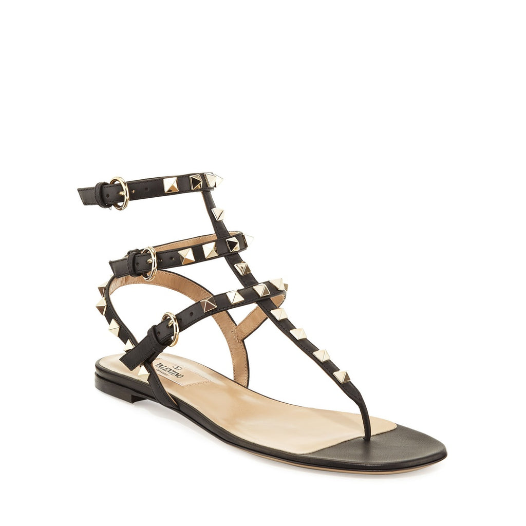 VALENTINO GARAVANI ROCKSTUD CALFSKIN THONG SANDAL BLACK