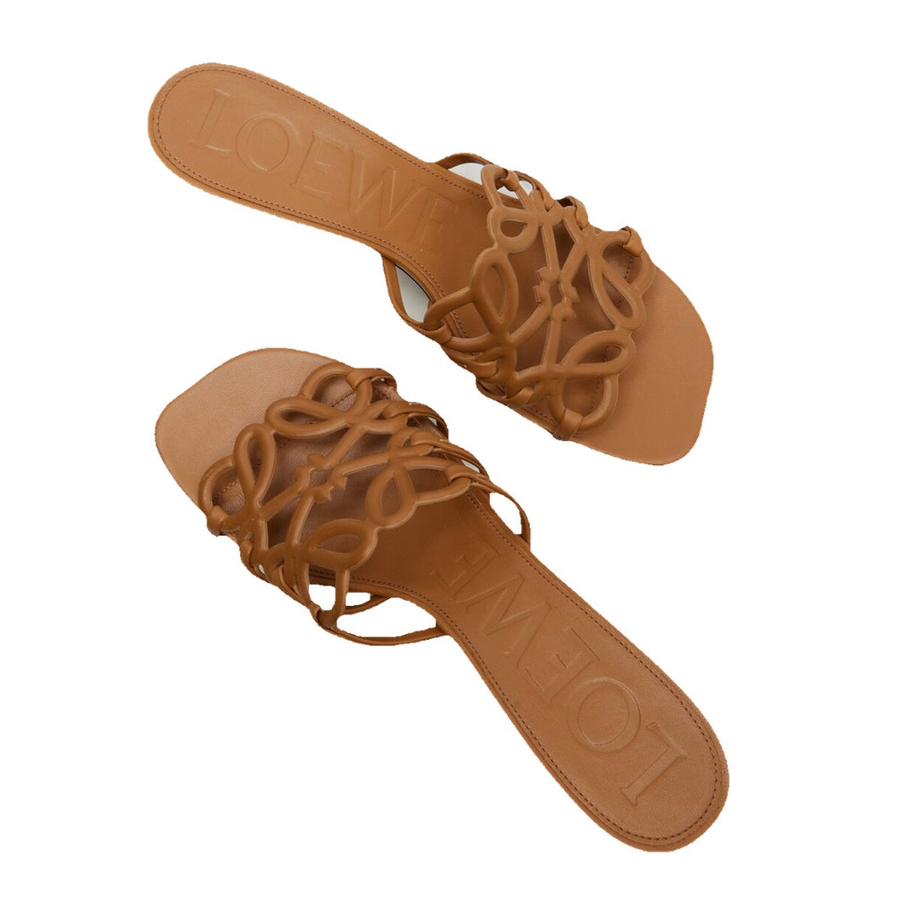LOEWE SUEDE PETAL ANAGRAM HEELED MULES BROWN