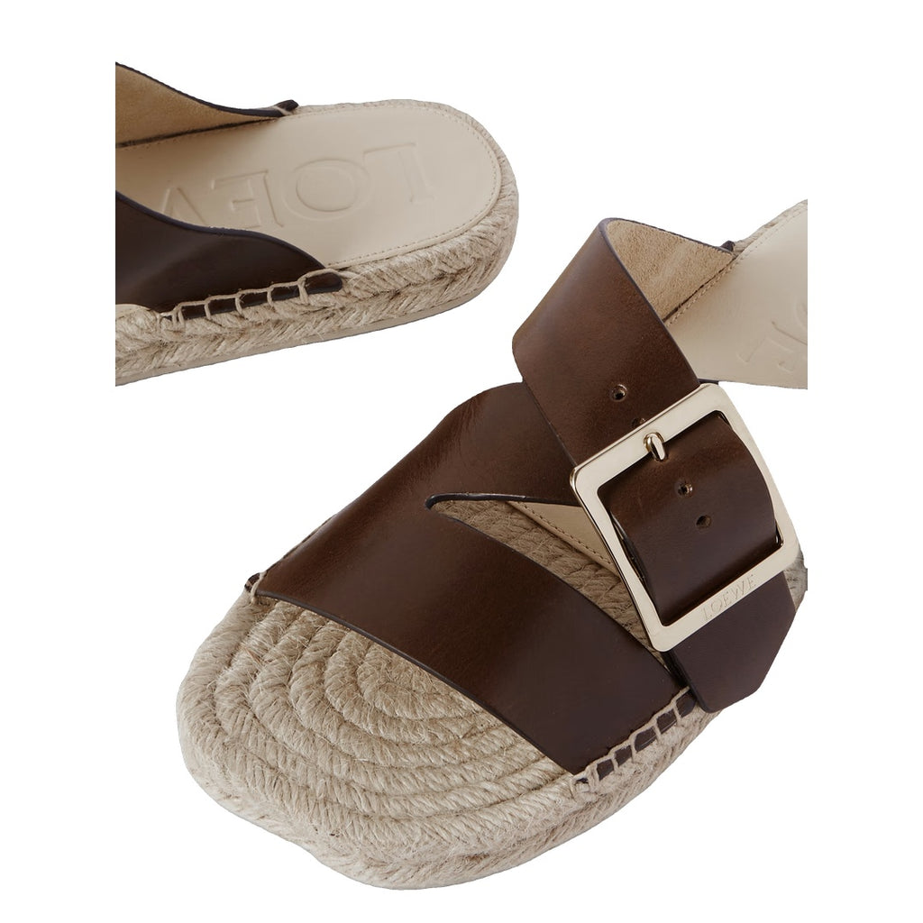 LOEWE PAULA'S IBIZA LEATHER PLATFORM WEDGE SANDALS BROWN