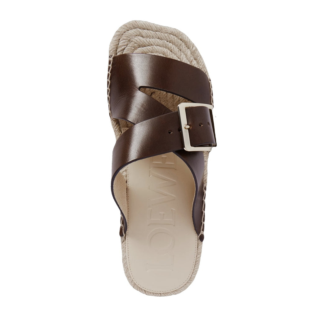 LOEWE PAULA'S IBIZA LEATHER PLATFORM WEDGE SANDALS BROWN