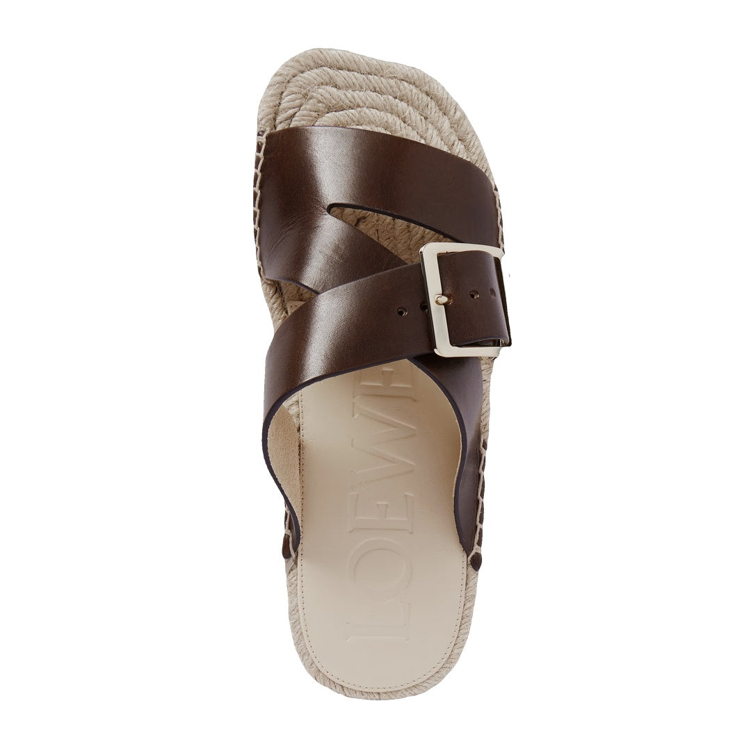 LOEWE PAULA'S IBIZA LEATHER PLATFORM WEDGE SANDALS BROWN