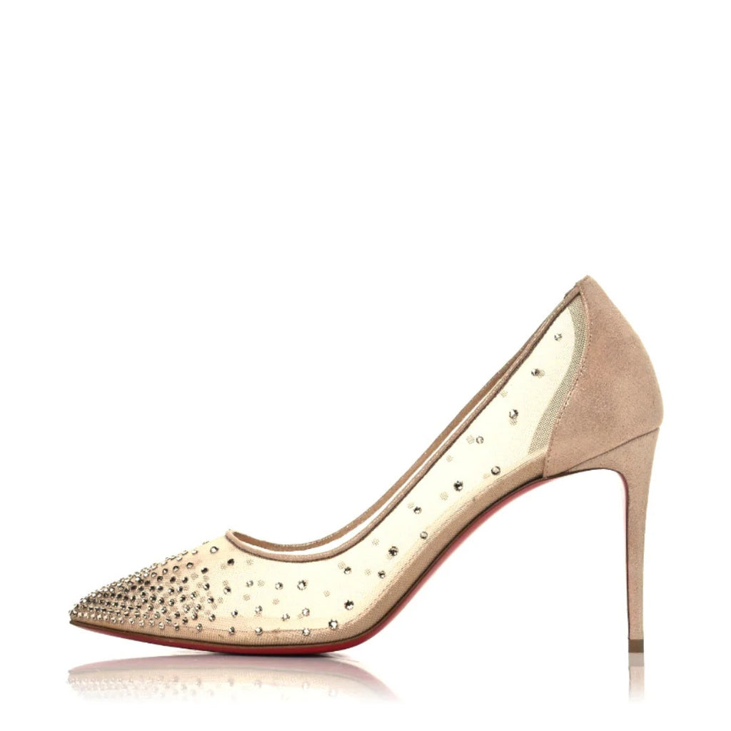 CHRISTIAN LOUBOUTIN SUEDE LAME CRYSTAL STRASS FOLLIES PUMP LIGHT SILK NUDE