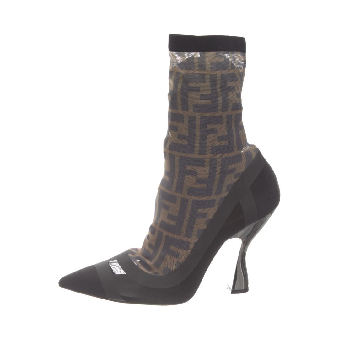 FENDI FF TECHNICAL MESH COLIBRI LOW HEEL ANKLE BOOT BLACK TOBACCO