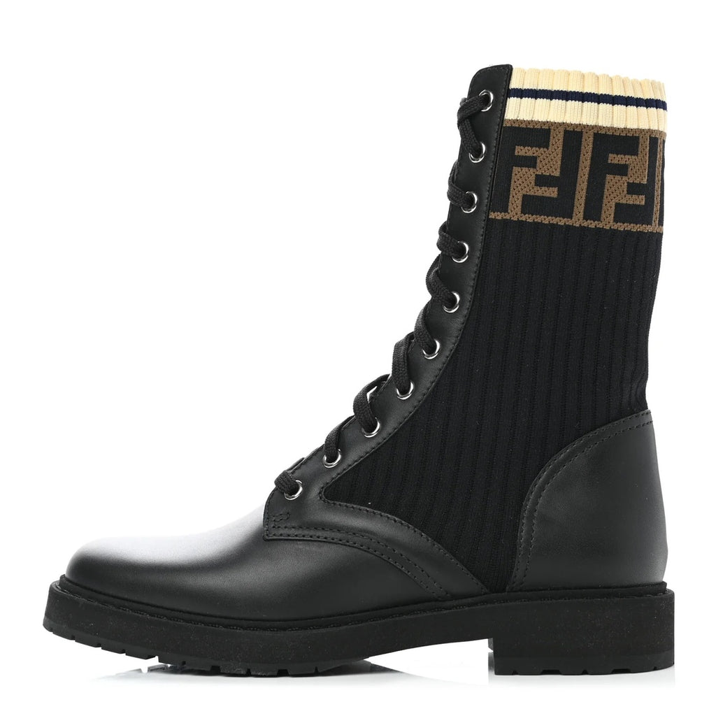 FENDI CALFSKIN FF ROCKOKO BIKER BOOT BLACK TOBACCO