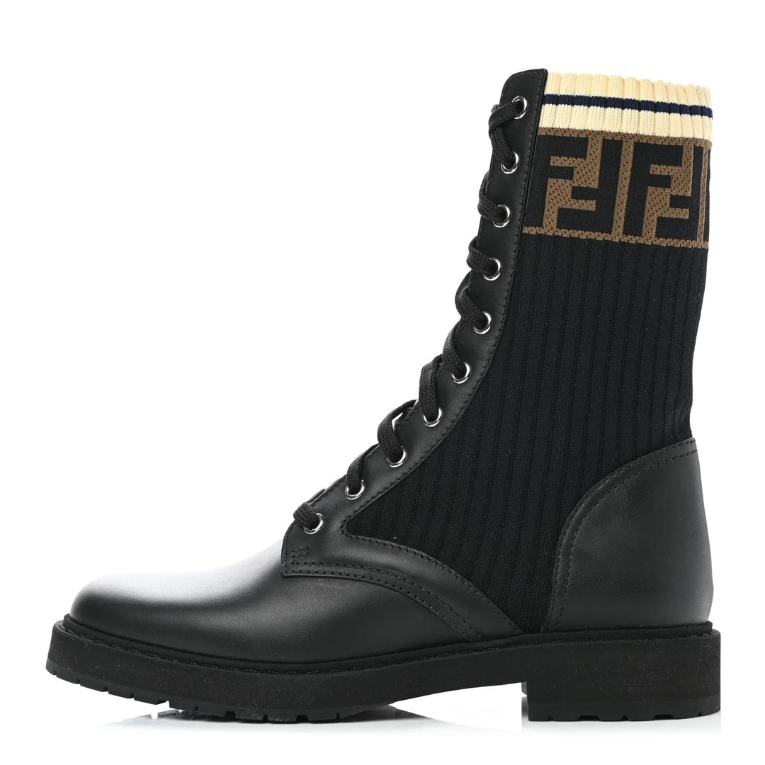 FENDI CALFSKIN FF ROCKOKO BIKER BOOT BLACK TOBACCO