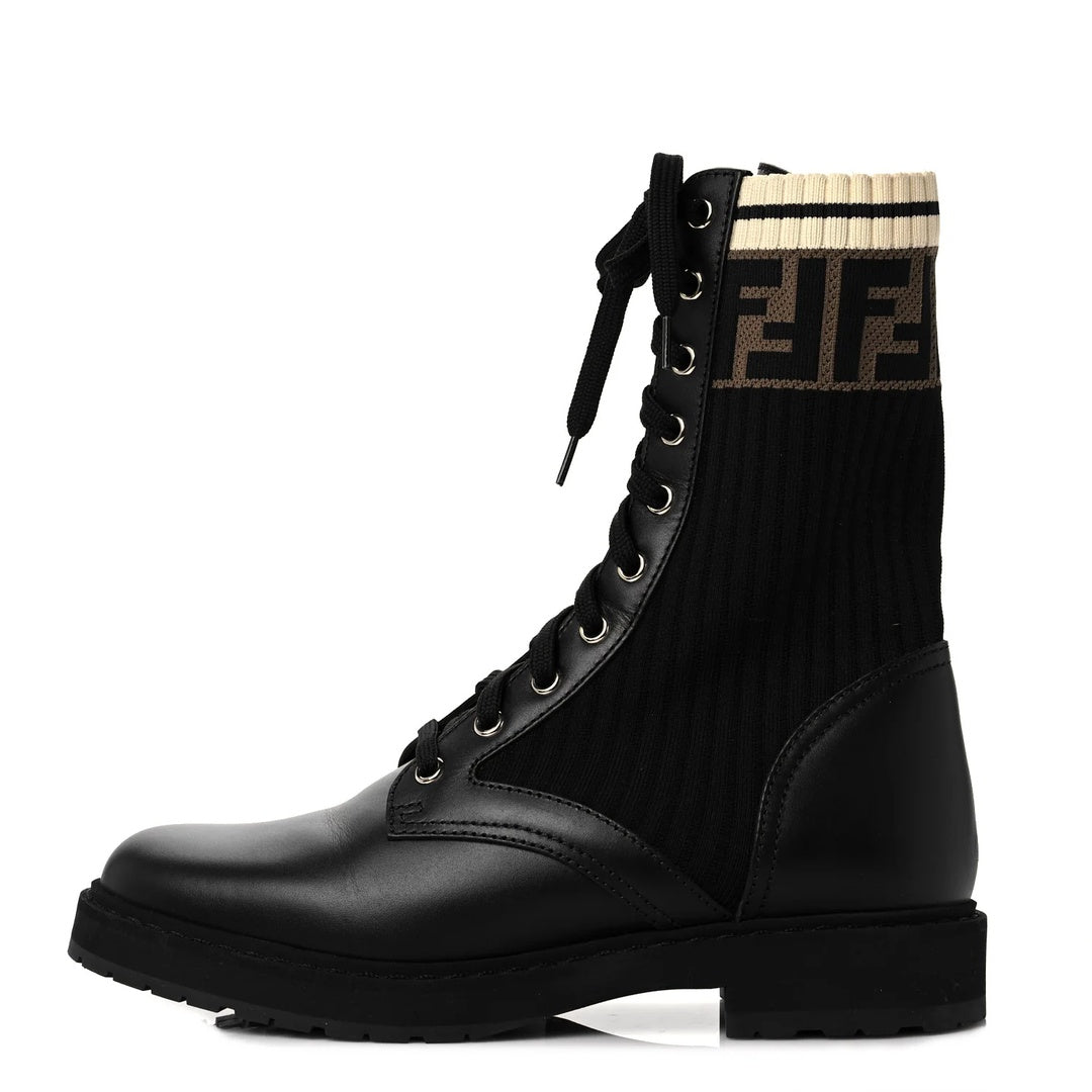 FENDI CALFSKIN FF ROCKOKO BIKER BOOT BLACK TOBACCO