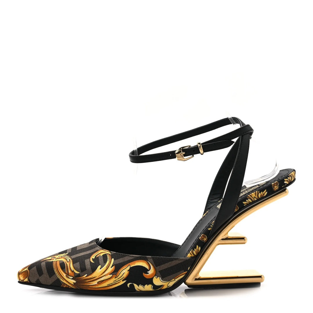 FENDI X VERSACE FENDACE FIRST 95MM SLINGBACK SANDAL TOBACCO BLACK GOLD
