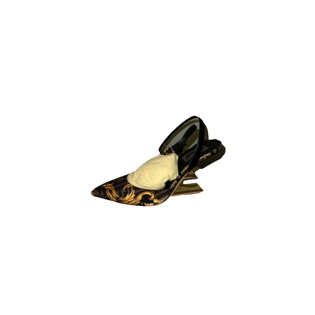 FENDI X VERSACE FENDACE FIRST 95MM SLINGBACK SANDAL TOBACCO BLACK GOLD