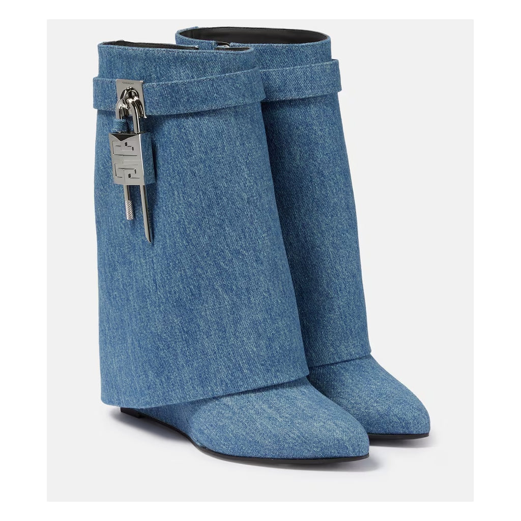 GIVENCHY WASHED DENIM SHARK LOCK BIKER ANKLE BOOT BLUE