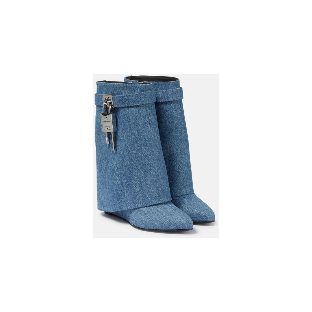 GIVENCHY WASHED DENIM SHARK LOCK BIKER ANKLE BOOT BLUE