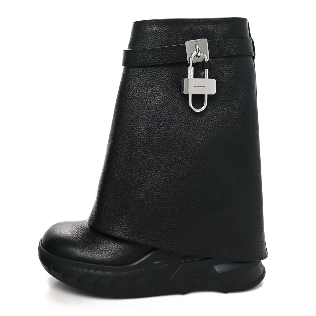 GIVENCHY GRAINED CALFSKIN SHARK LOCK BIKER KNEE BOOT BLACK