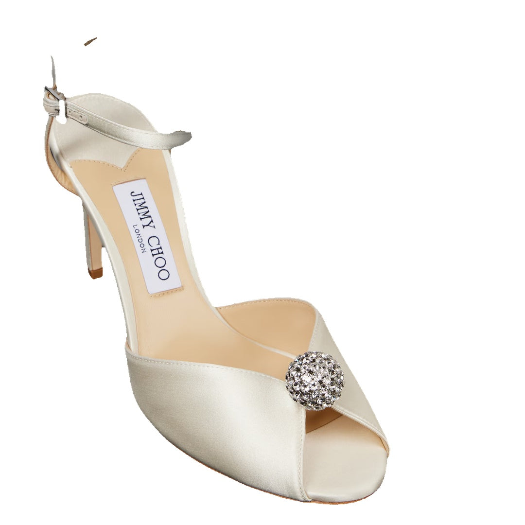 JIMMY CHOO SACORA SATIN SANDALS CRYSTAL-EMBELLISHED SPHERE BLUE