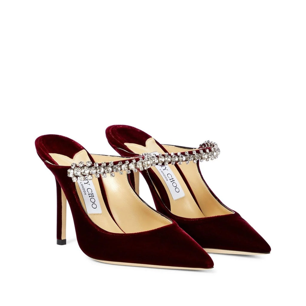 JIMMY CHOO BING CRYSTAL-EMBELLISHED VELVET MULES RED