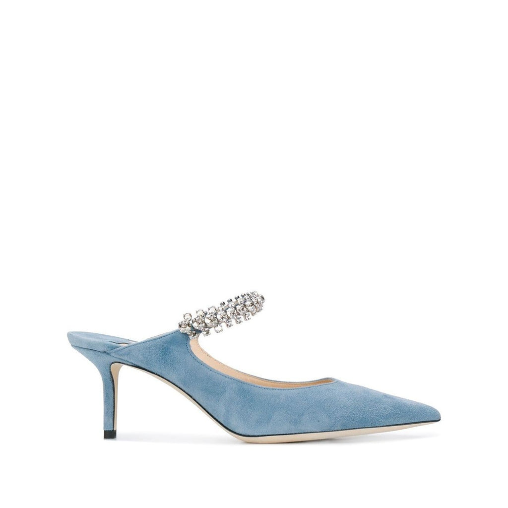 JIMMY CHOO BING SUEDE CRYSTAL MULES BLUE