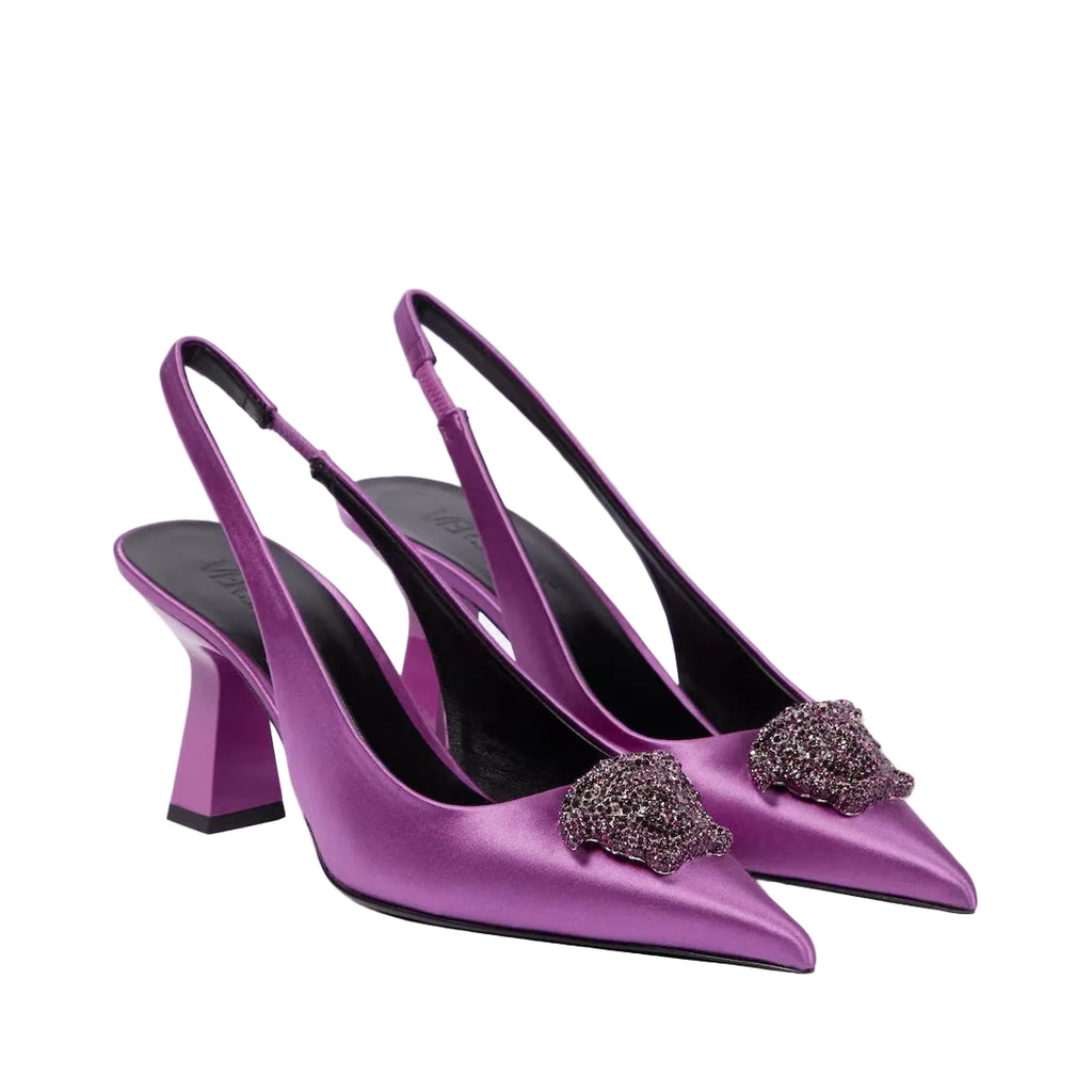 Versace La Medusa Satin Slingback Pumps Dark Purple