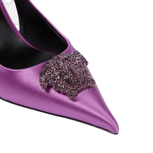 VERSACE LA MEDUSA SATIN SLINGBACK PUMPS DARK PURPLE