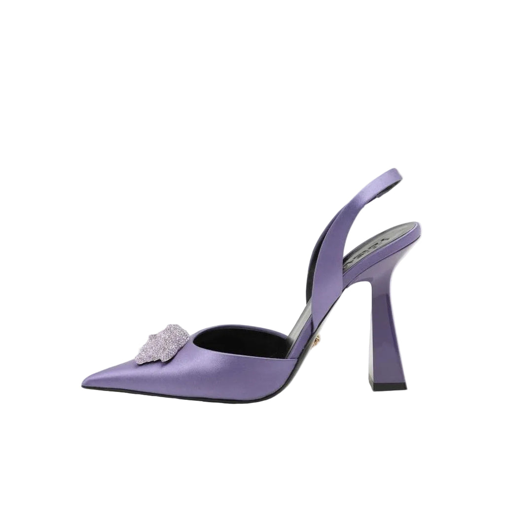 VERSACE LA MEDUSA SATIN SLINGBACK PUMPS PURPLE
