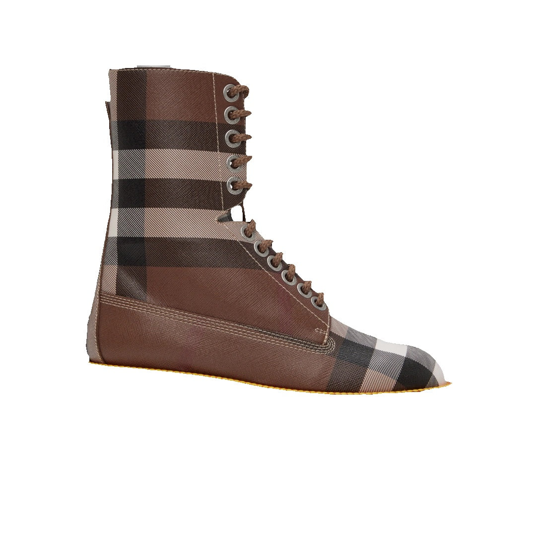 BURBERRY CHECK PANEL LEATHER ANKLE BOOTS BROWN