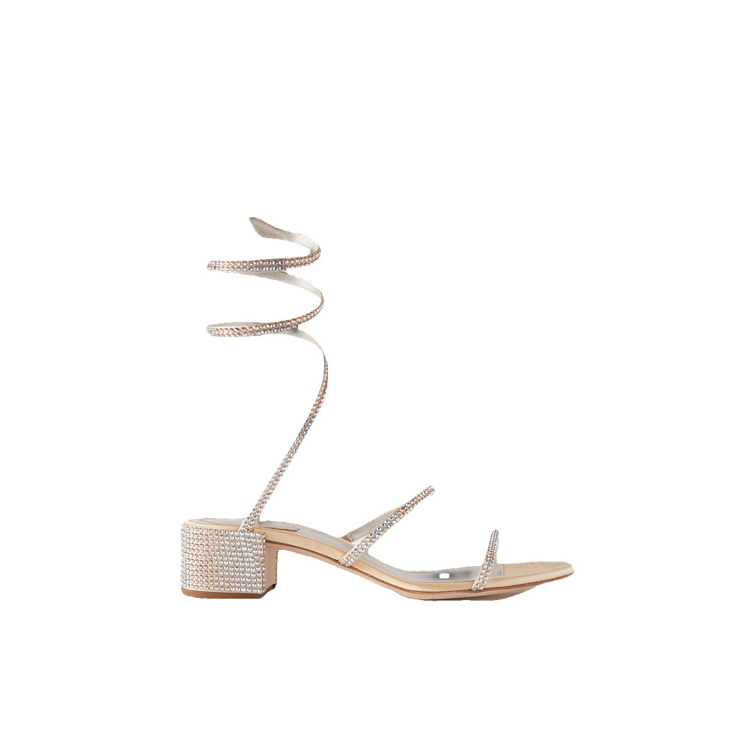 RENÉ CAOVILLA CLEO CRYSTAL-EMBELLISHED SATIN SANDAL SILVER