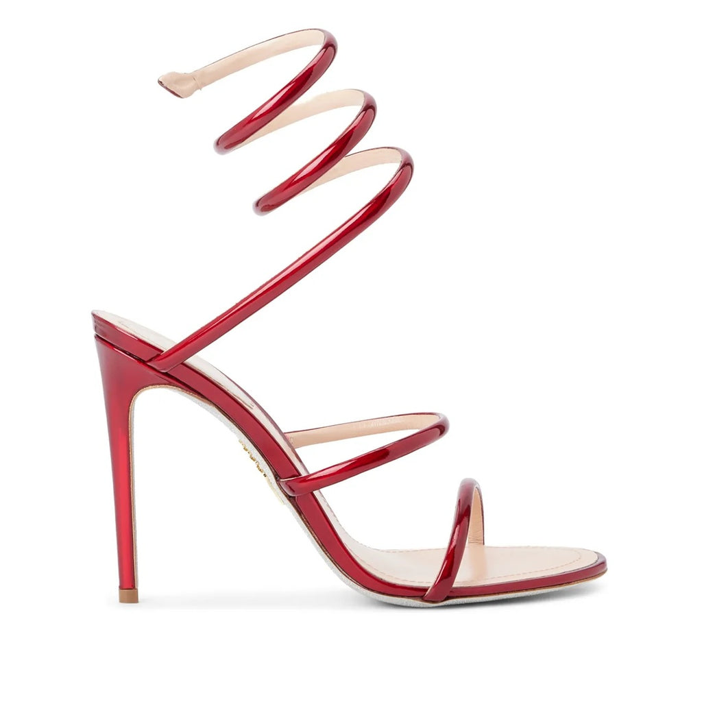 RENÉ CAOVILLA CLEO 105MM BAGUETTE CRYSTAL SATIN SNAKE-WRAP SANDAL RED