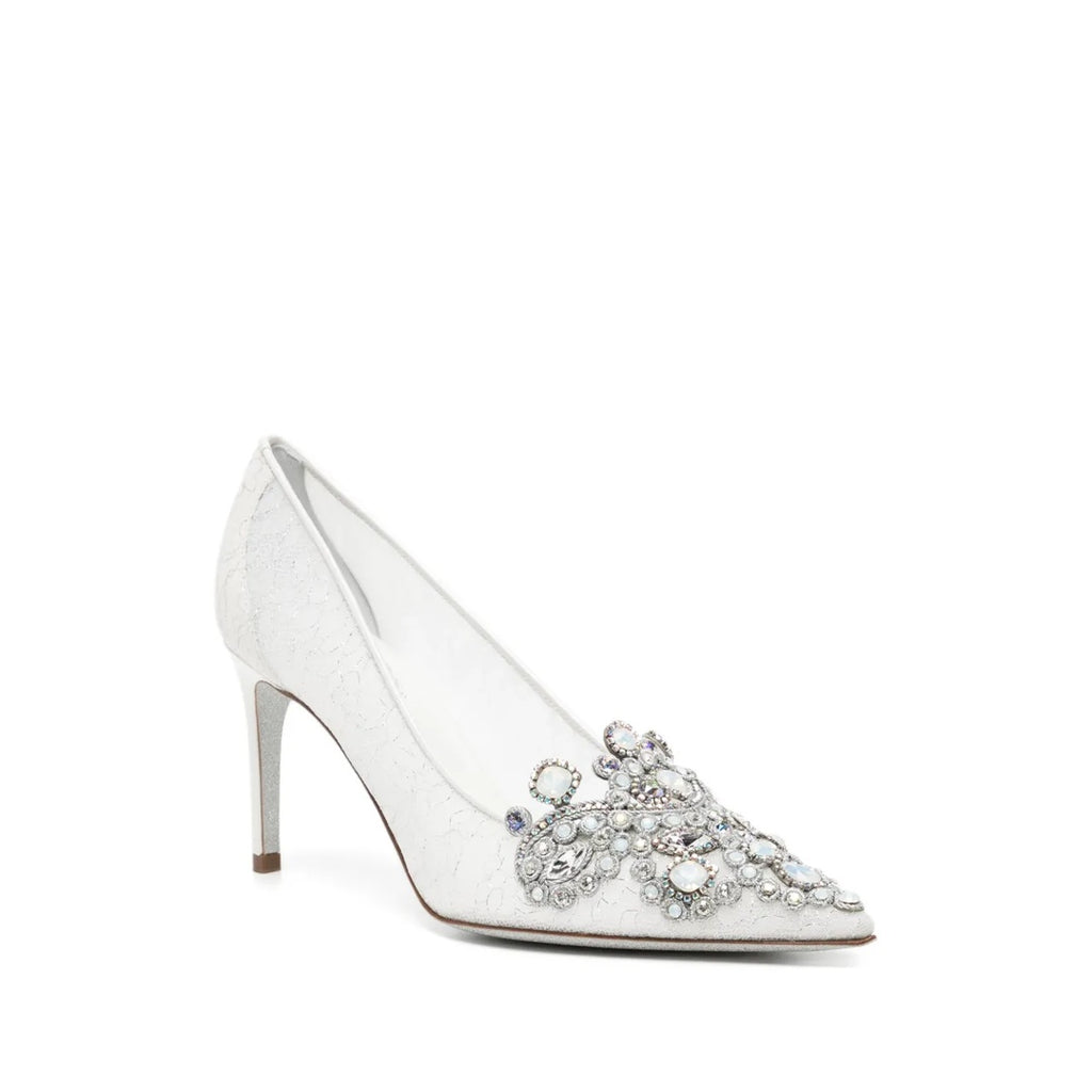 RENÉ CAOVILLA VENEZIANA GOLDEN LACE CRYSTAL SLINGBACK PUMP WHITE