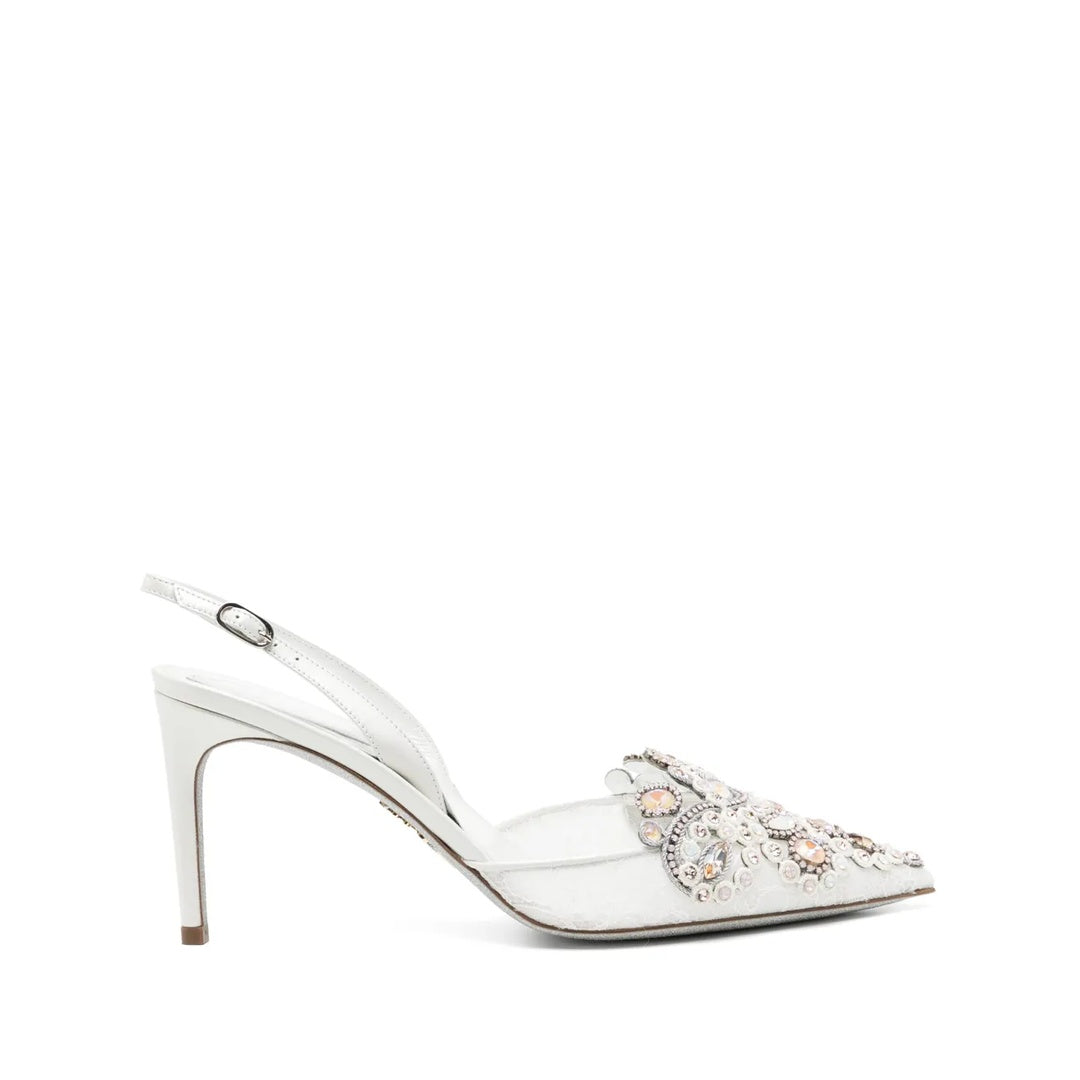 RENÉ CAOVILLA VENEZIANA GOLDEN LACE CRYSTAL SLINGBACK PUMP WHITE