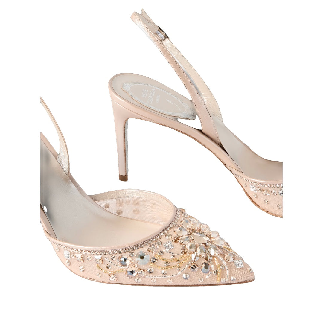 RENÉ CAOVILLA SATIN PUMPS STILETTO HEEL EMBELLISHED STRAPS MULTICOLOR
