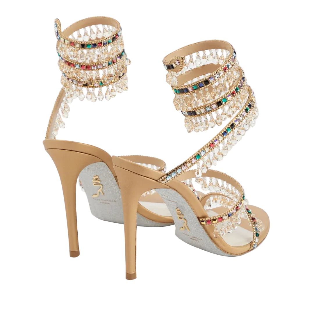 RENÉ CAOVILLA SATIN CHANDELIER HEELED MULE GOLD