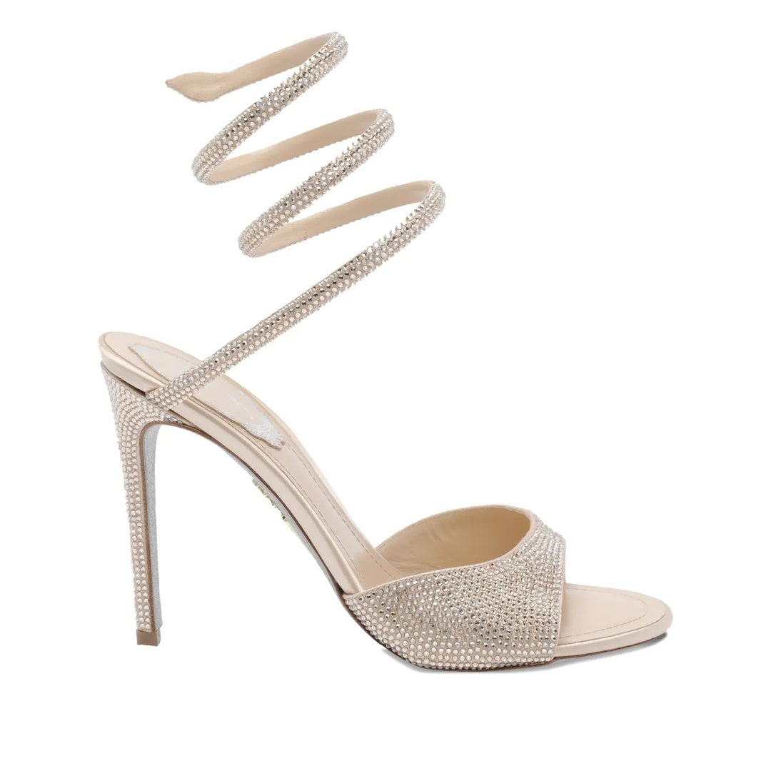 RENÉ CAOVILLA EMBELLISHED FLOWER WRAP HEELED SANDAL WHITE